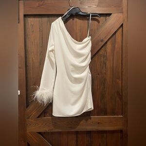 Lulus Elegant One-Shoulder White Top with Feather Detail